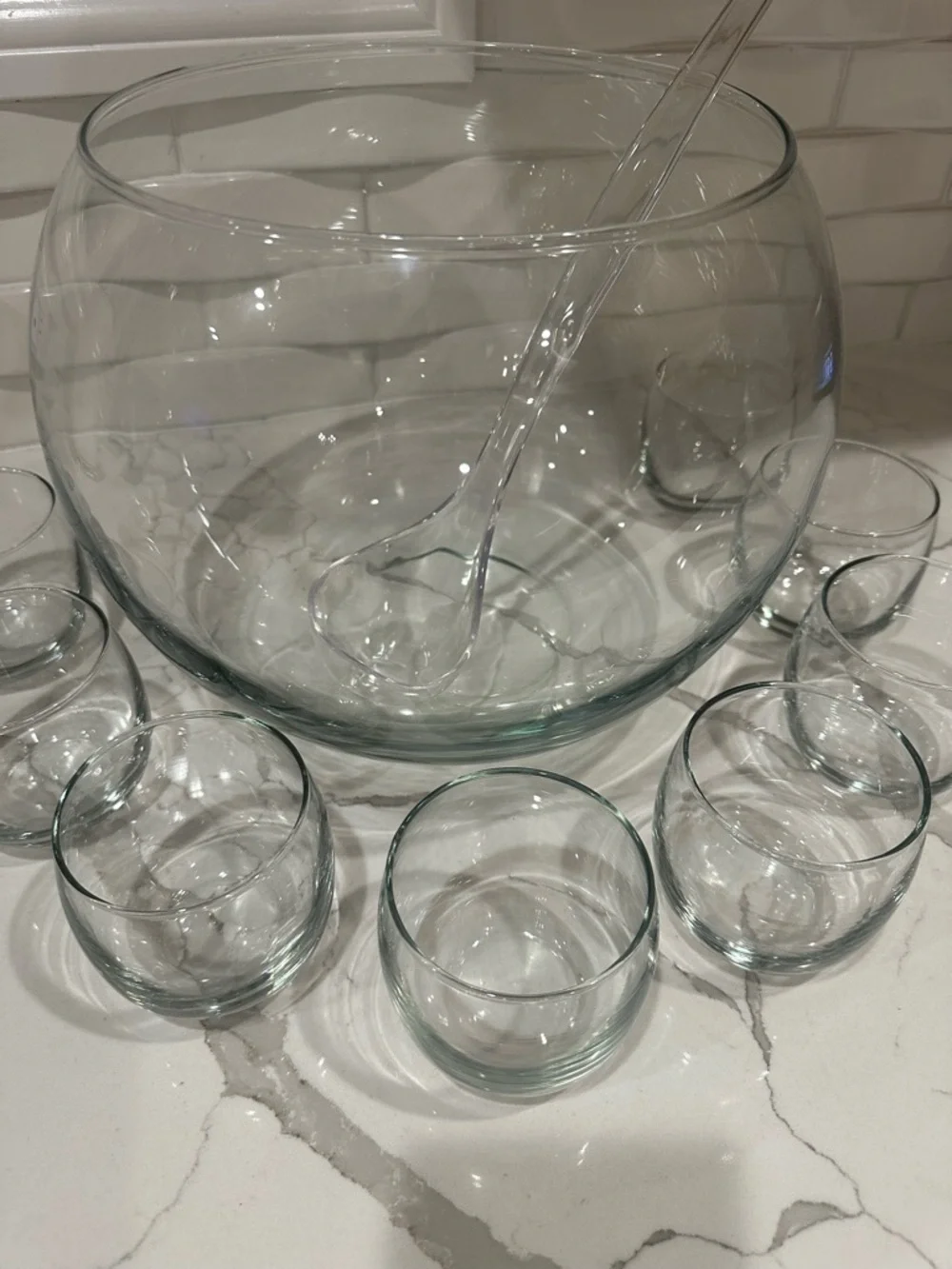 Crate & Barrel Clear Glass Punch Bowl Set w/ Ladle & 8 Glass Cups NWOT